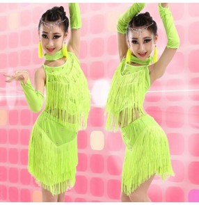 Neon green fringes girls kids children competition professional performance latin salsa cha cha dance dresses split sets